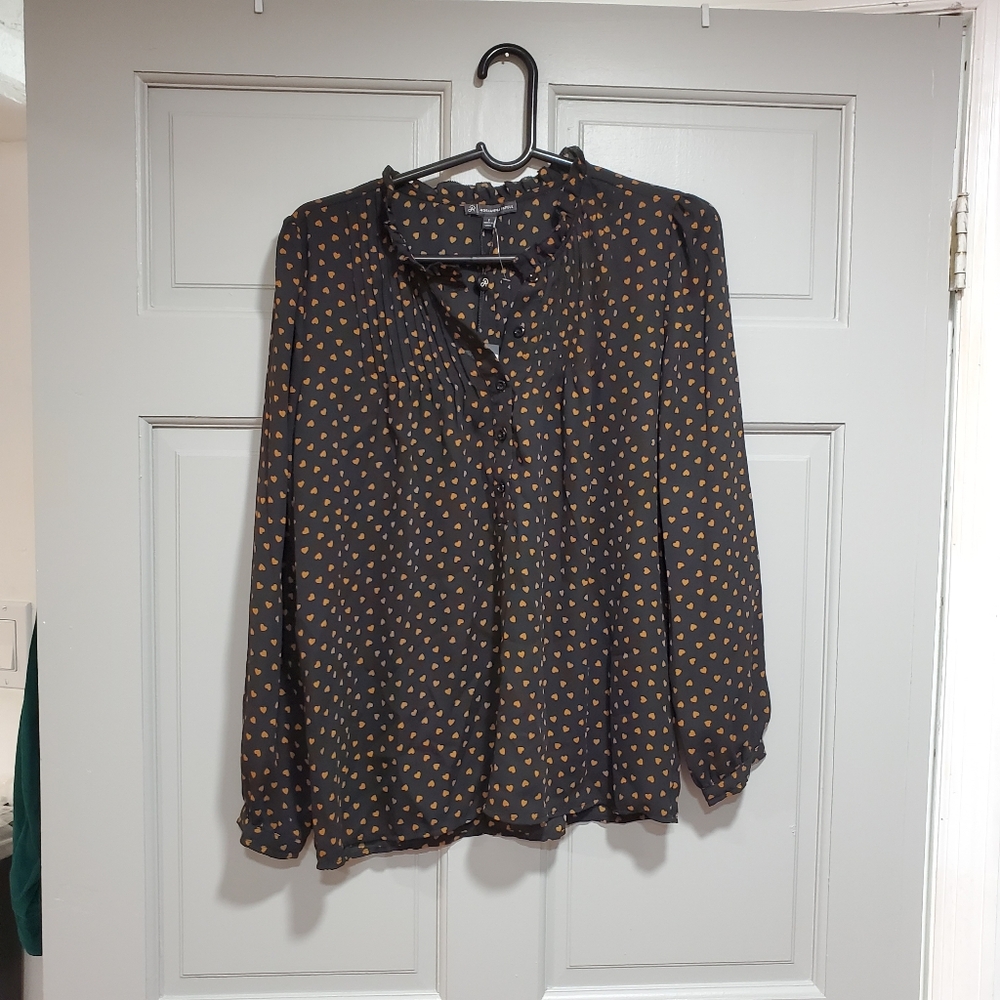 Adrianna Papell Shirt Women Size Small Black Heart Print Long Sleeve Half button